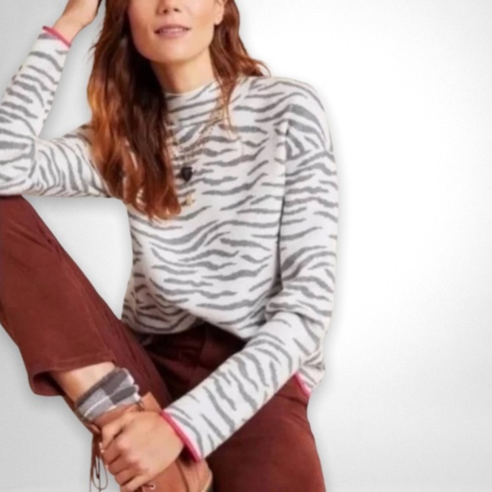 Anthropologie Grey and Pink Zebra Lizzie Mock Neck Sweater NWOT